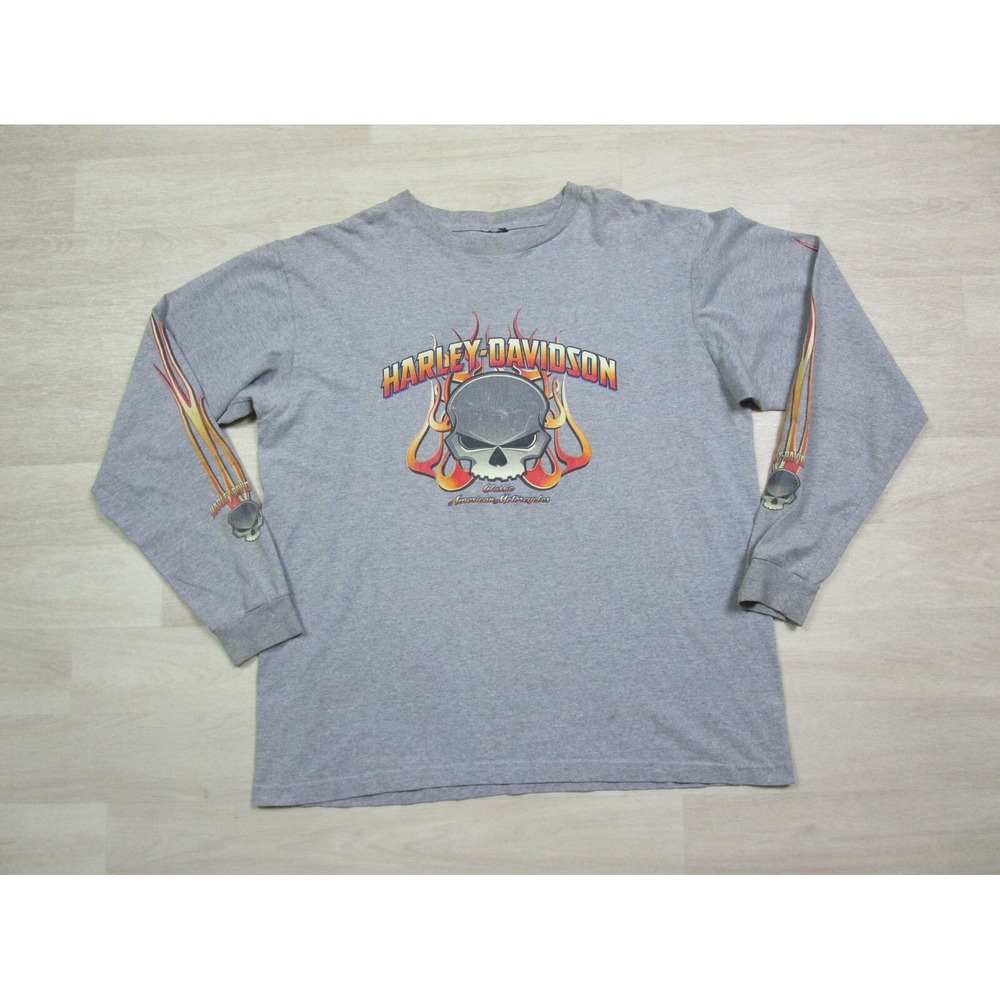 VTG Harley Davidson Long Sleeve Skull & Flames T-Shirt Size (XL) Y2K Motorcycle